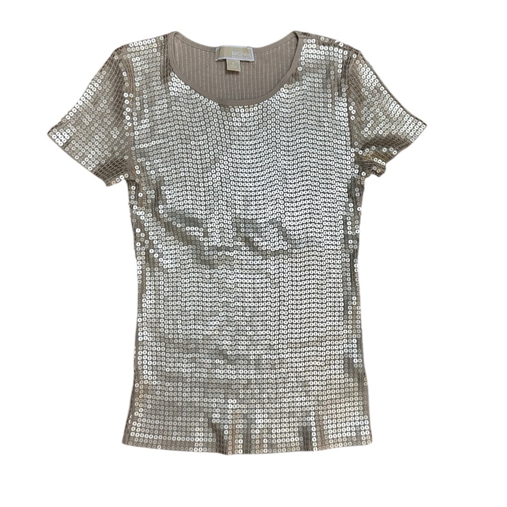Michael Kors Gold Sequins Scoop Neck Short Sleeve 100% Cotton T shirt. Sz. S